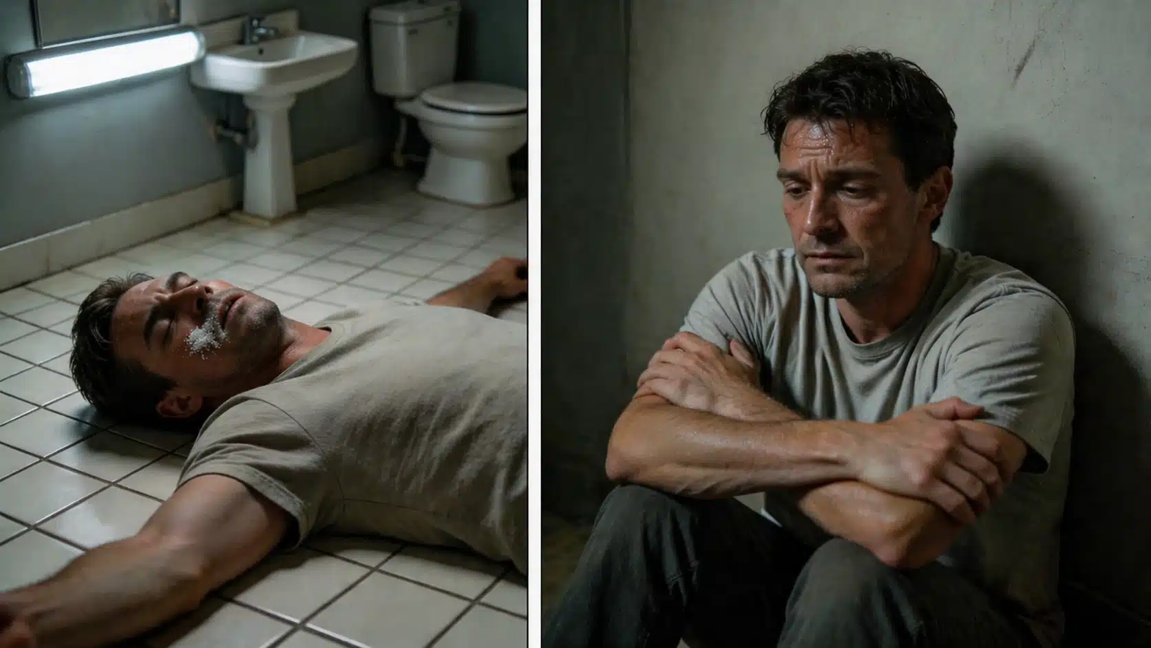 a split image showing a man collapsed on a bathroom floor and another man sitting alone against a wall