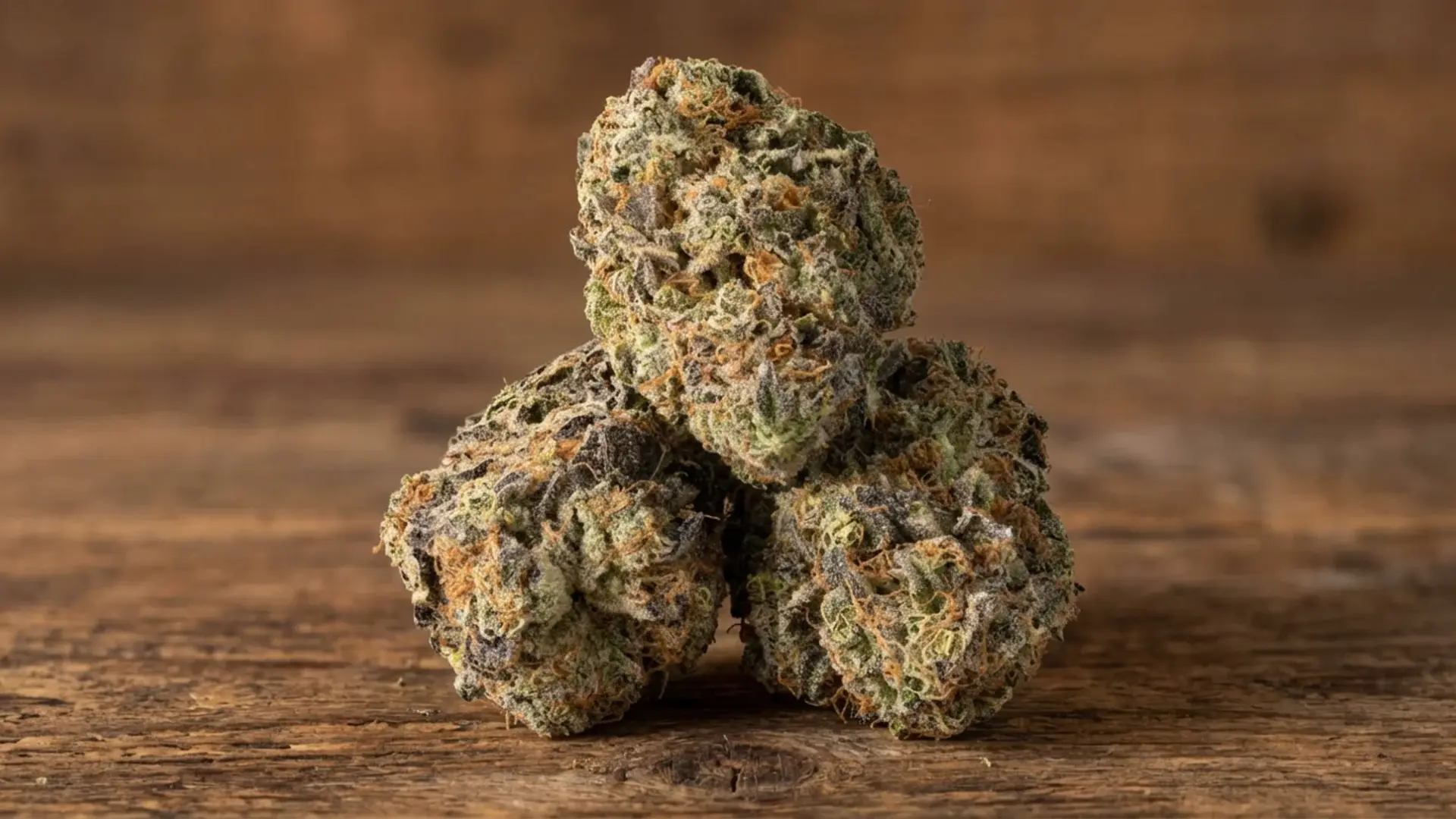 pink champagne cannabis buds with dense green and purple leaves and orange hairs stacked on a rustic wooden surface