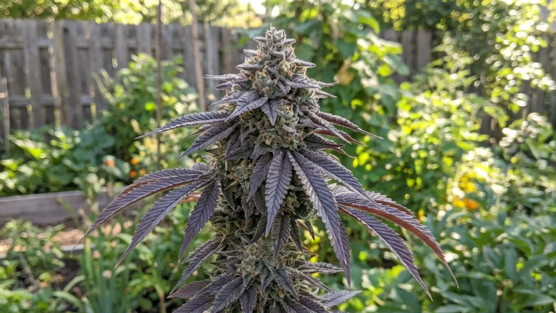 pink lemonade cannabis plant with frosty purple and green leaves growing outdoors in a garden with a wooden fence background