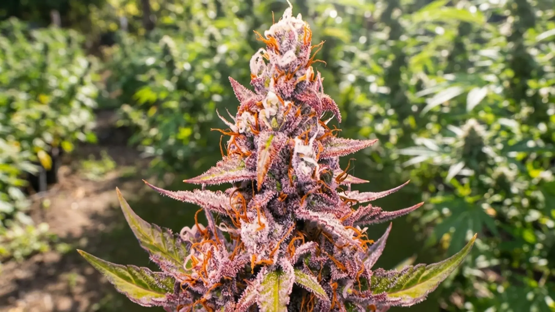 pink rozay flower with purple and green leaves and bright orange hairs growing in an outdoor field under sunlight