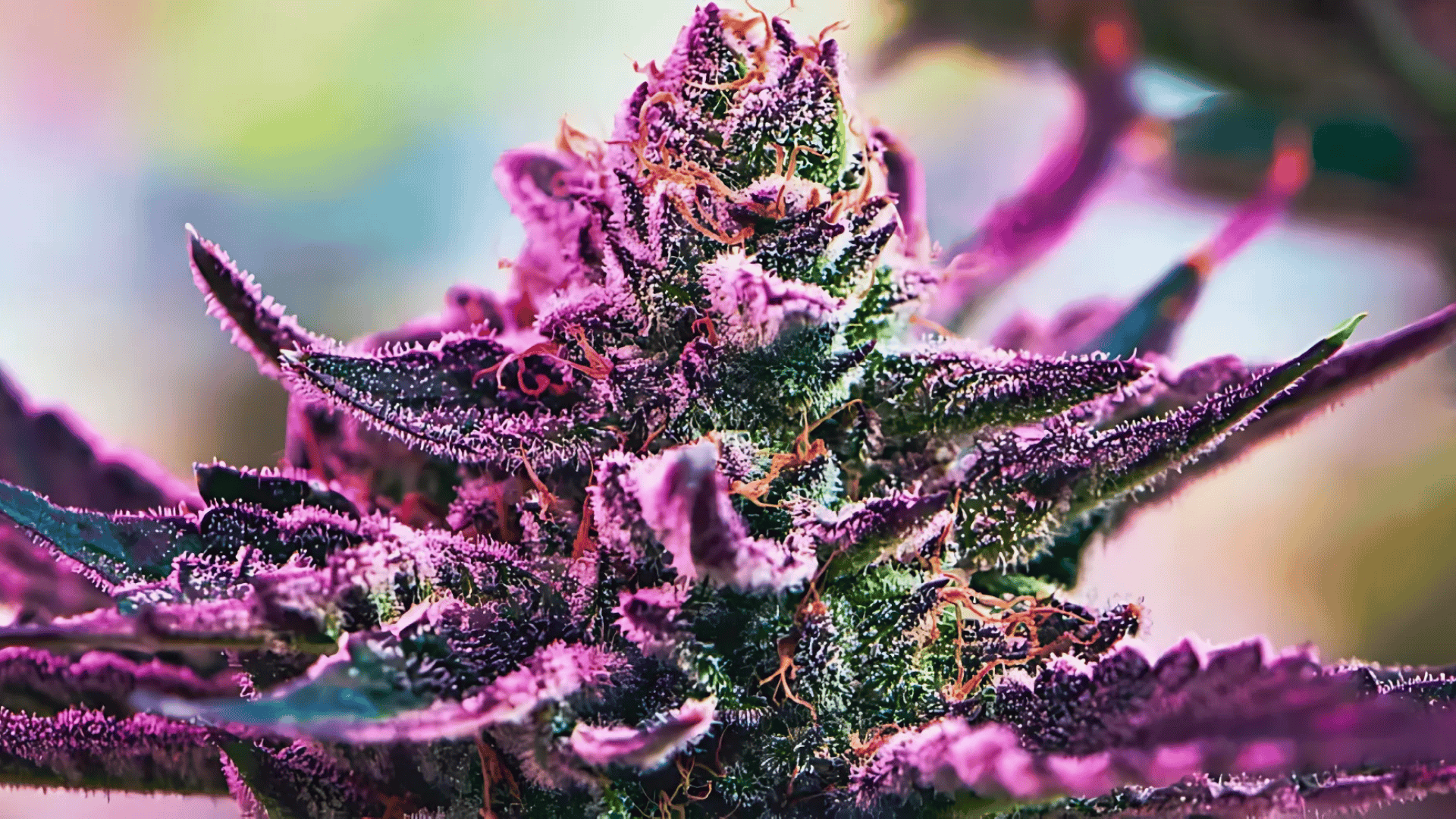 pink weed cannabis bud featuring dark green leaves and vibrant orange hairs isolated on a solid white background