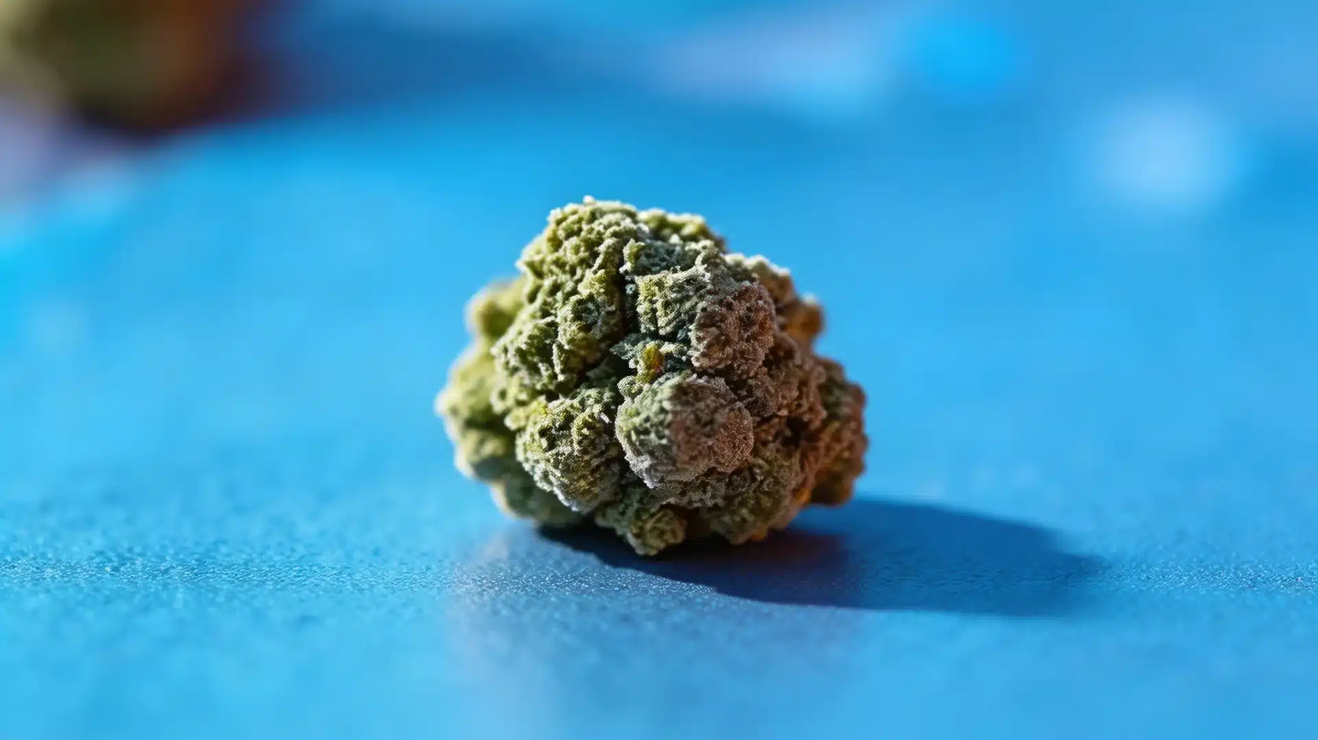 a trichome-covered cannabis bud with green and russet tones resting on a vivid blue surface against a blurred background
