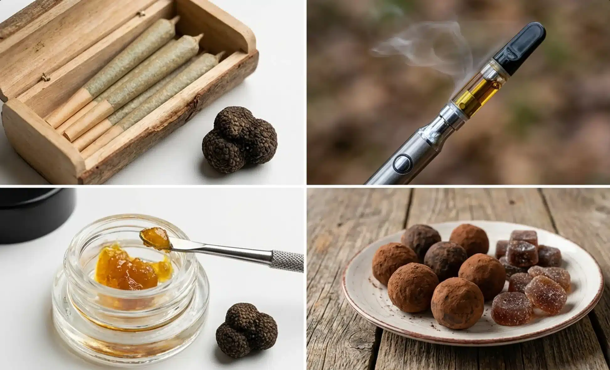 four cannabis consumption forms, pre-rolled joints, vape cartridge, concentrate in jar, and edible candies on platemason jar