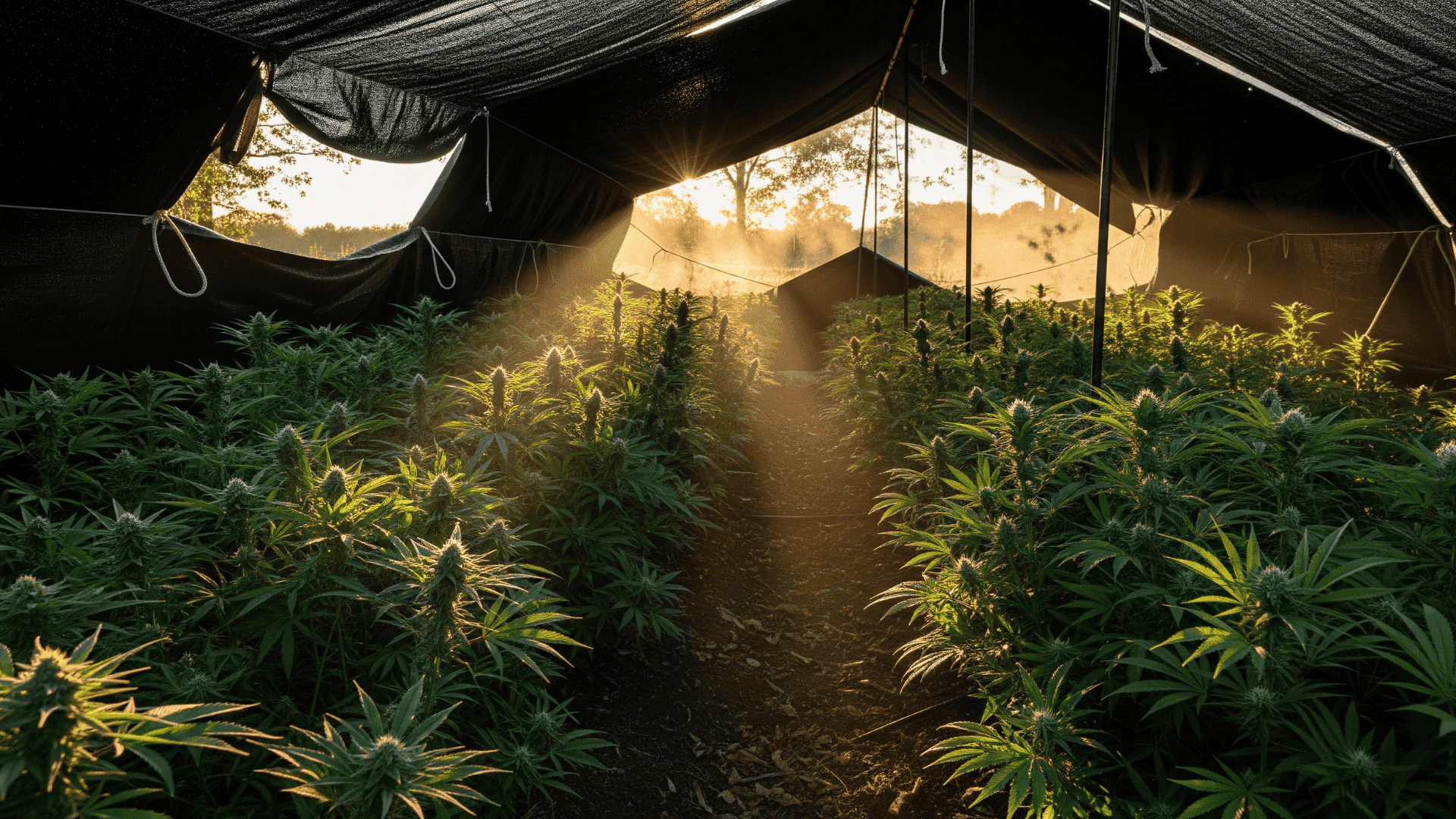 golden hour sunlight streaming through a gap in a black tarp over rows of cannabis plants in an outdoor grow tent