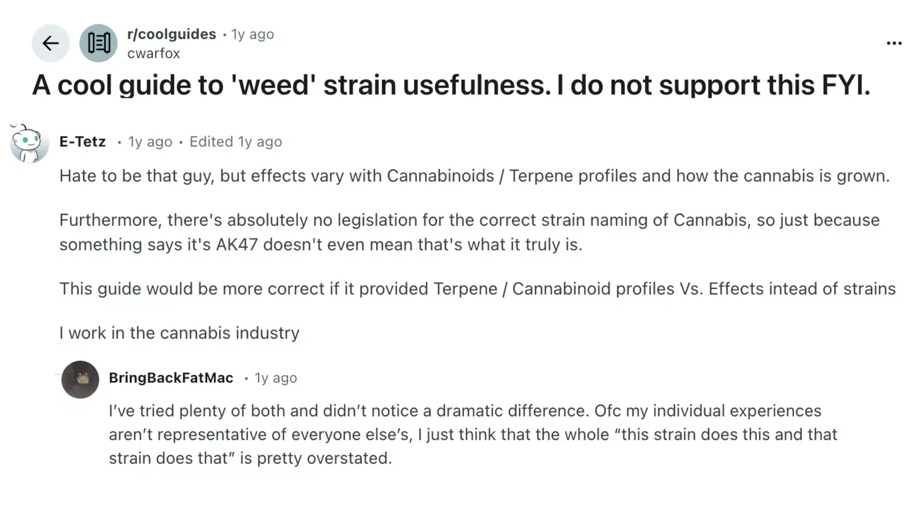 reddit post discussing cannabis strain usefulness, with comments giving terpene profiles, and personal experiences