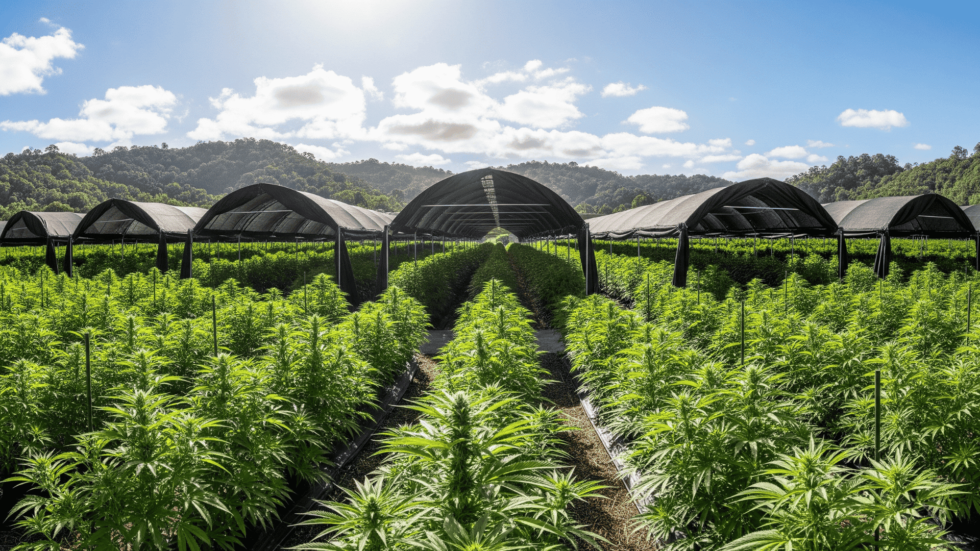 rows of bright green cannabis plants in long outdoor greenhouse tunnels under a sunny sky with rolling hills behind