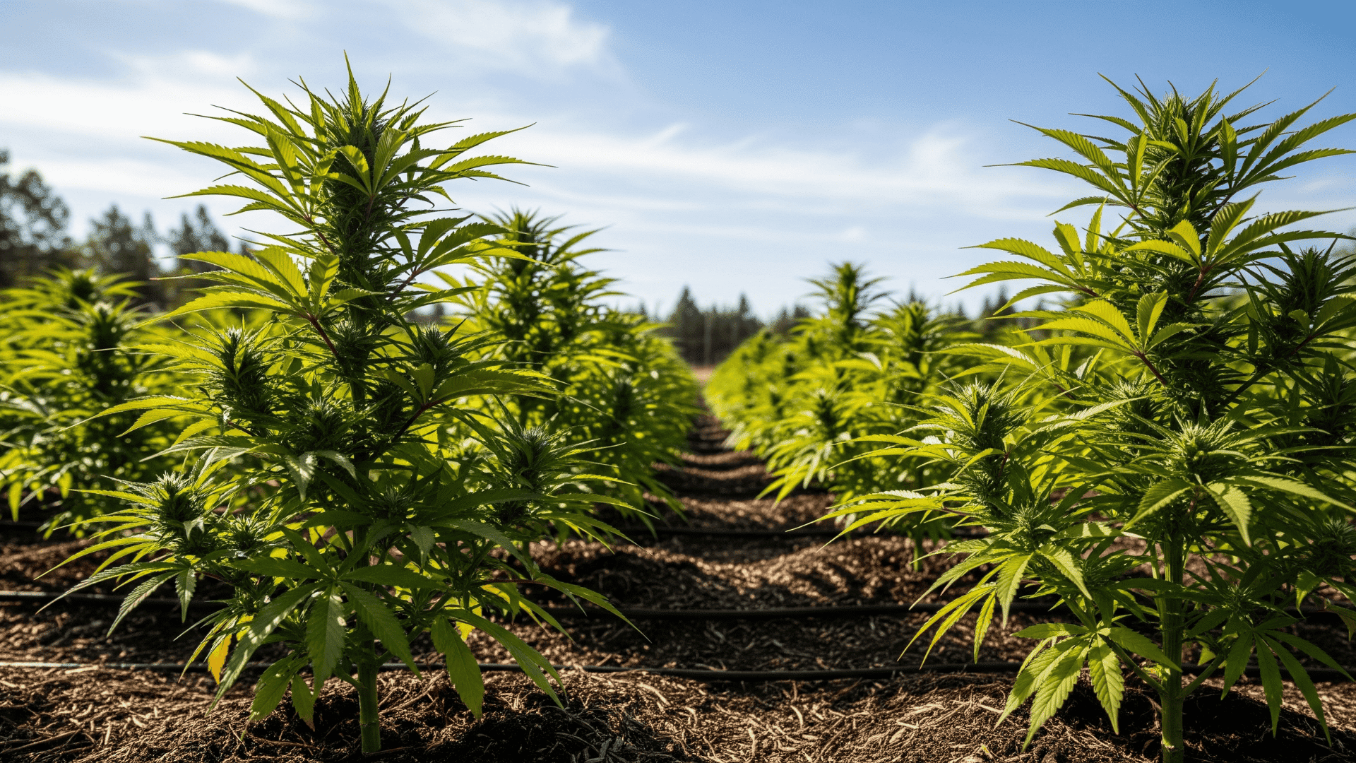 rows of green cannabis plants growing in dirt under a bright blue sky with thin clouds on an outdoor farm