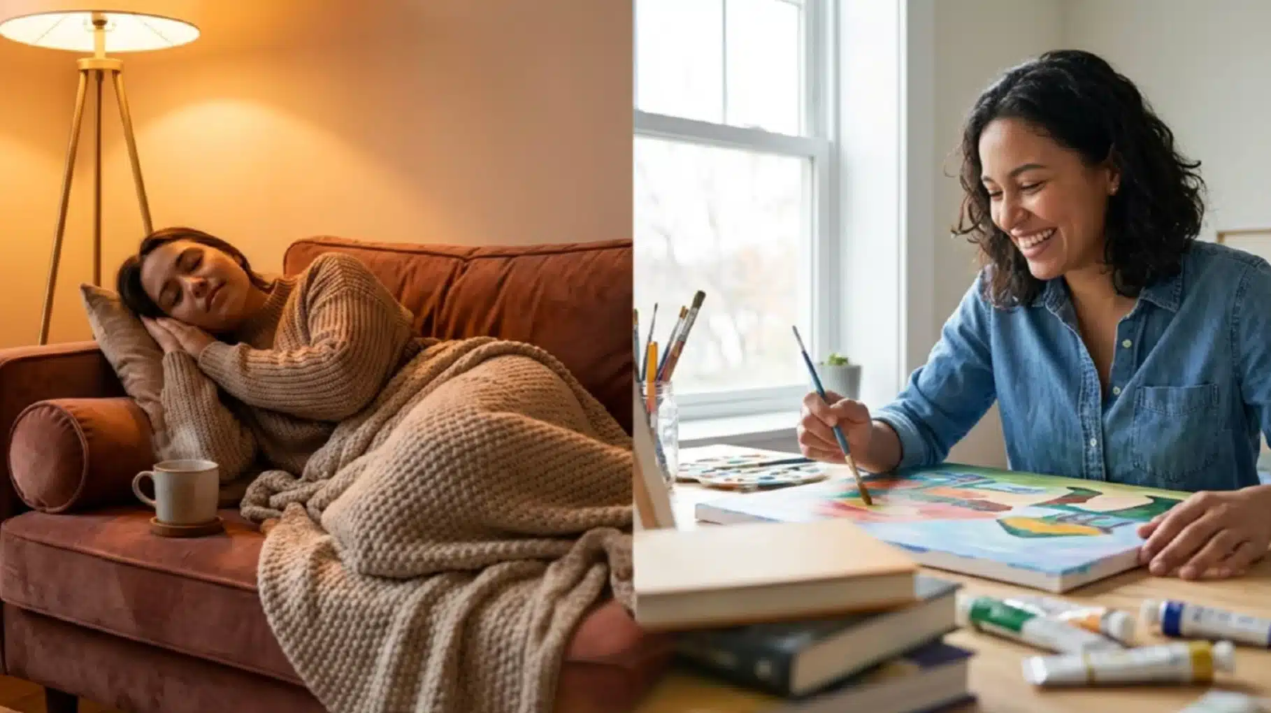 split image showing woman resting on couch under blanket, and same woman smiling while painting artwork at desk