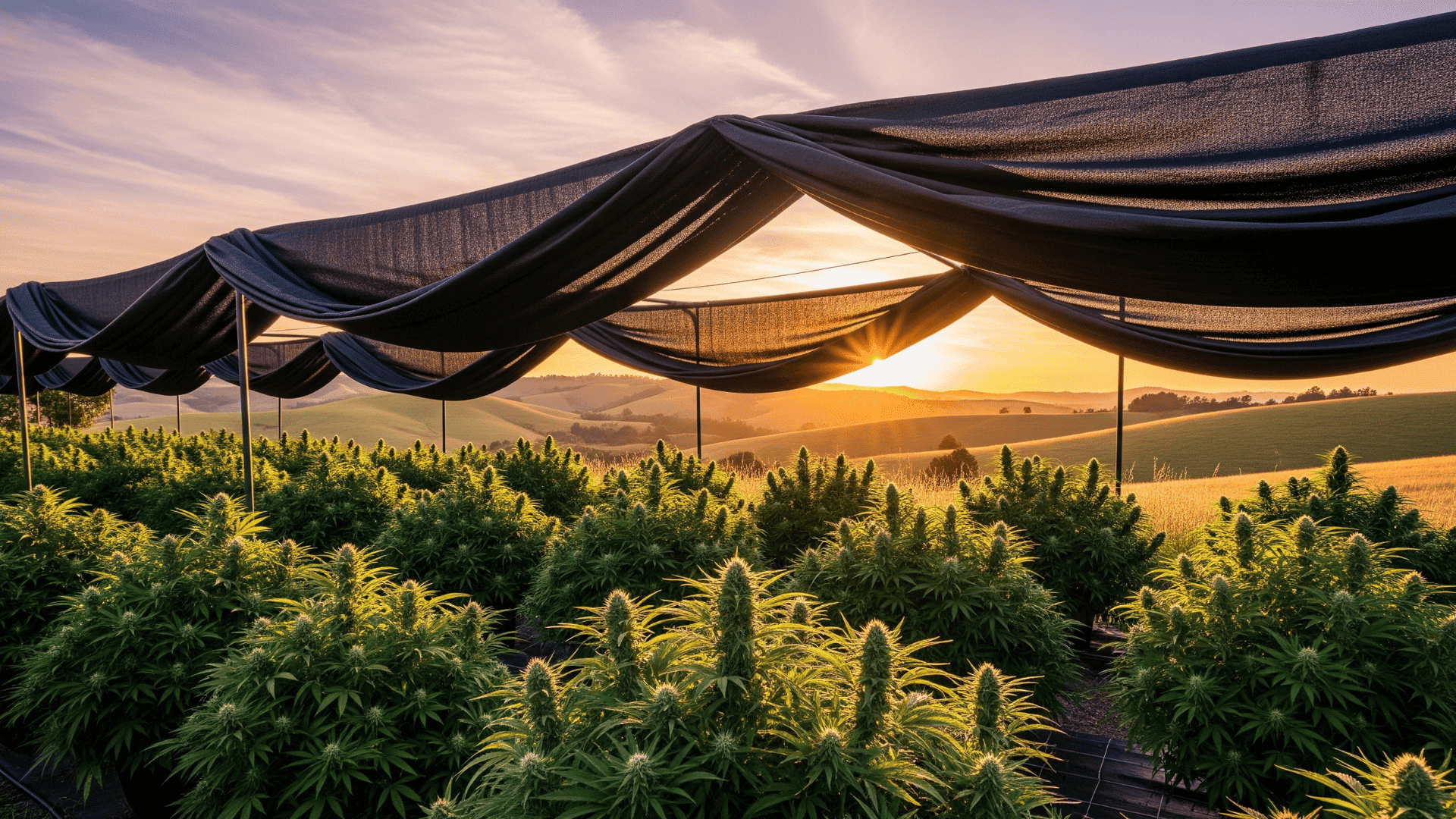 sunlight glowing through mesh fabric over rows of cannabis plants on a hillside farm at sunrise or sunset