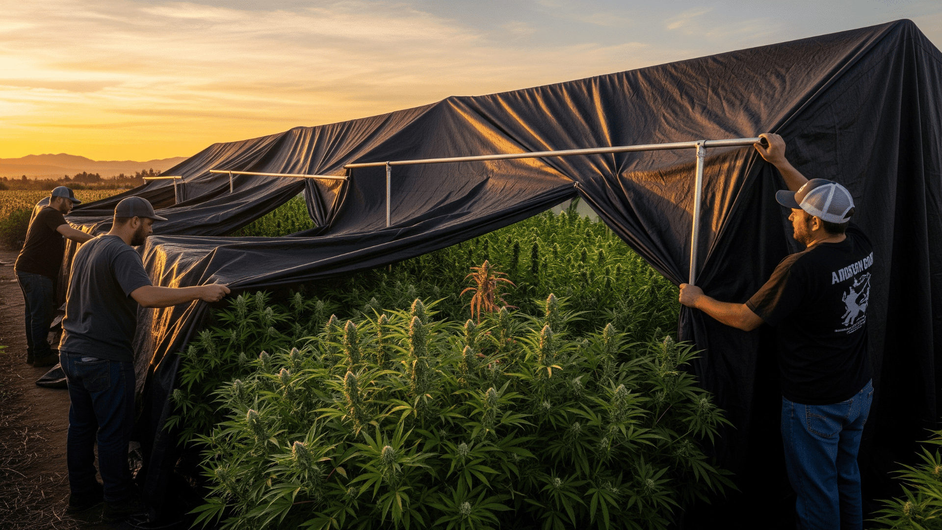 workers pulling a large black tarp over cannabis plants at sunset to control light cycles on an outdoor farm