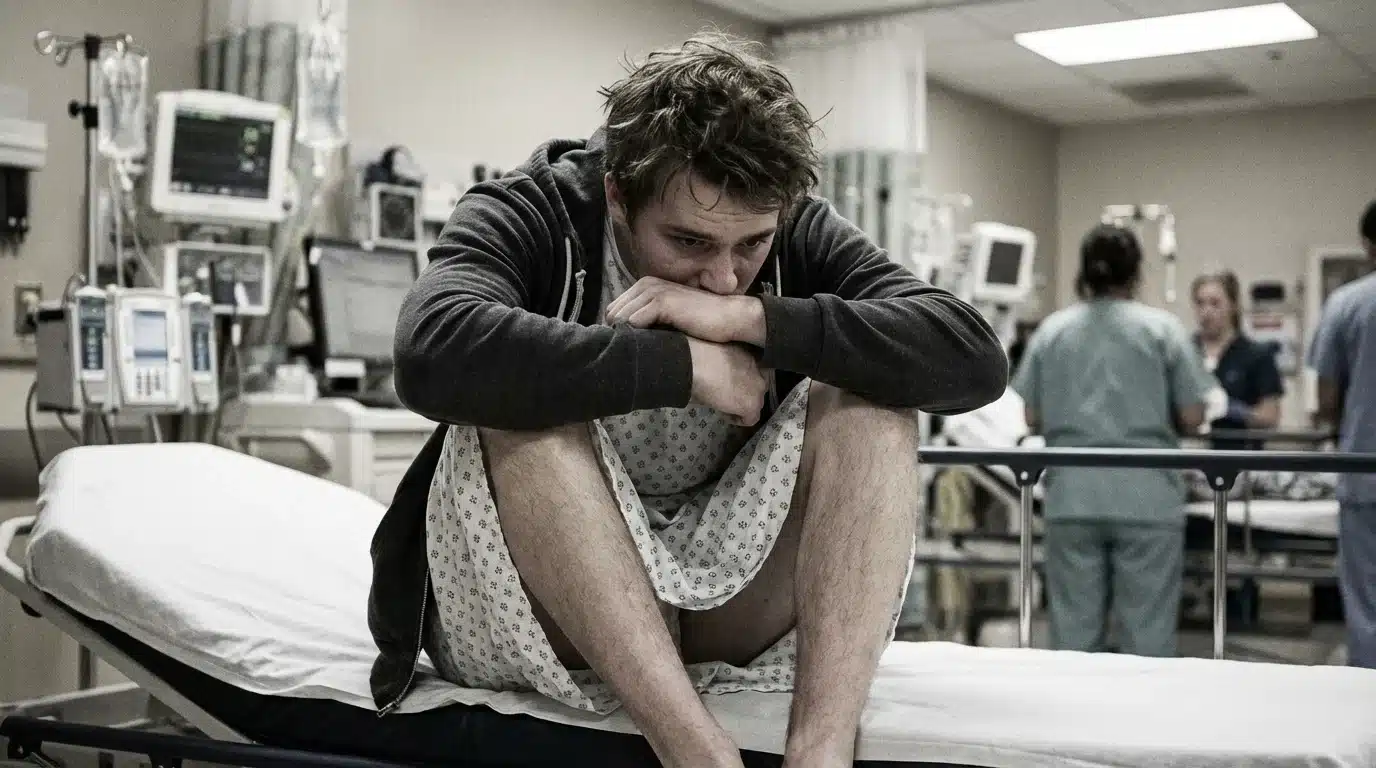 man sitting on hospital bed in gown, leaning forward with arms crossed, surrounded by medical equipment and staff