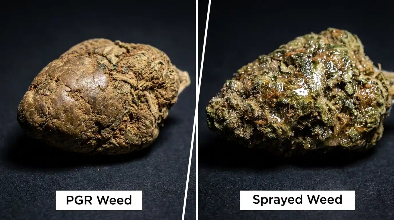 side by side comparison of cannabis buds showing pgr weed on left and glossy sprayed weed on right with visible residue