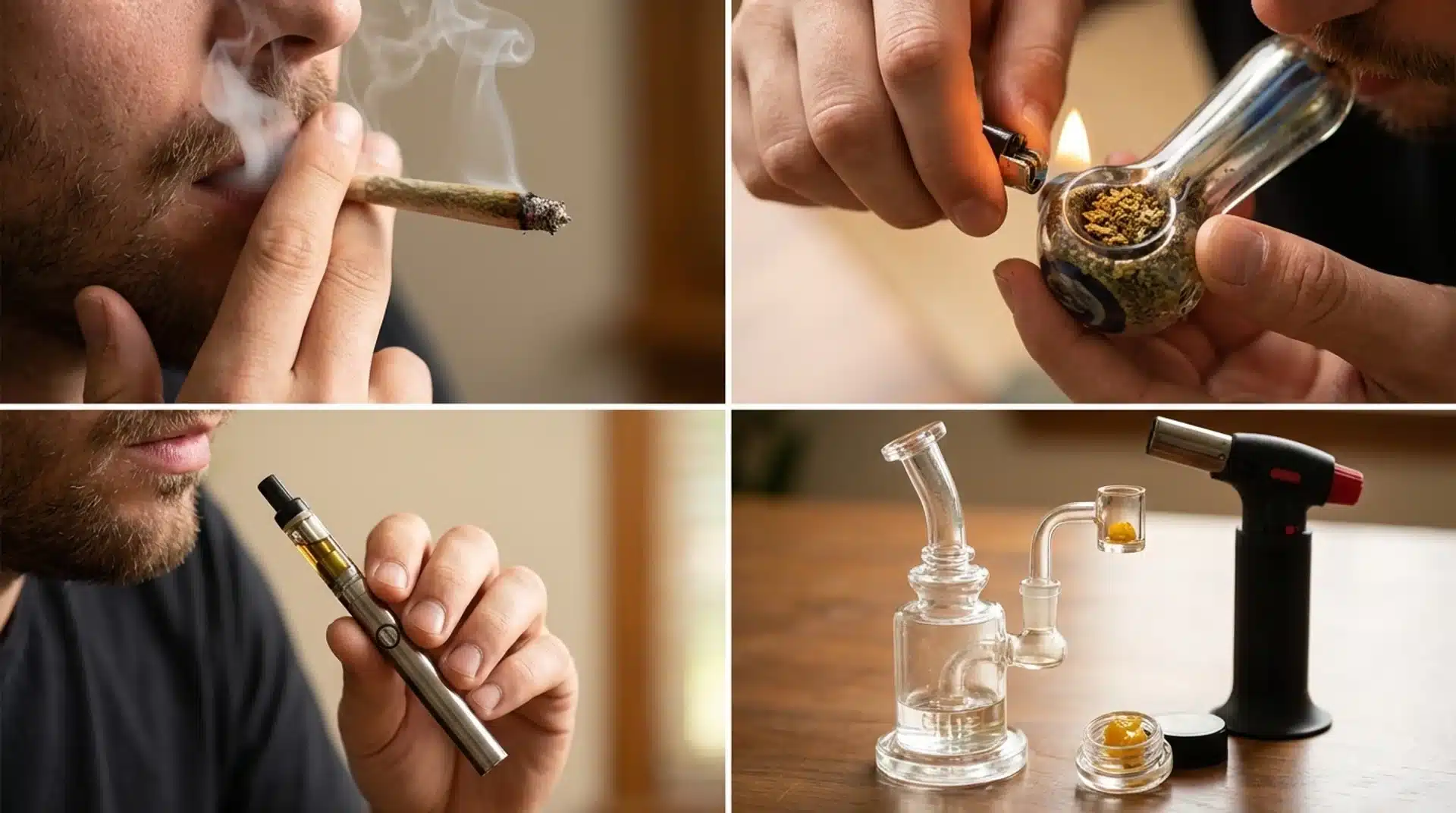 cannabis use methods including smoking a joint, lighting a pipe, vaping with a vape pen, and dabbing concentrate