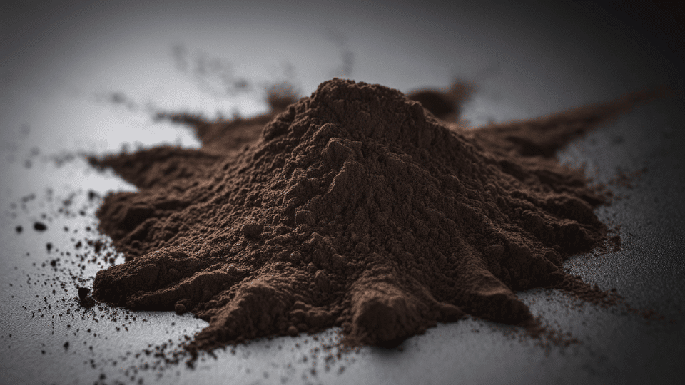 dark heroin powder on rough surface, evoking burnt plastic and chemical smells in the air