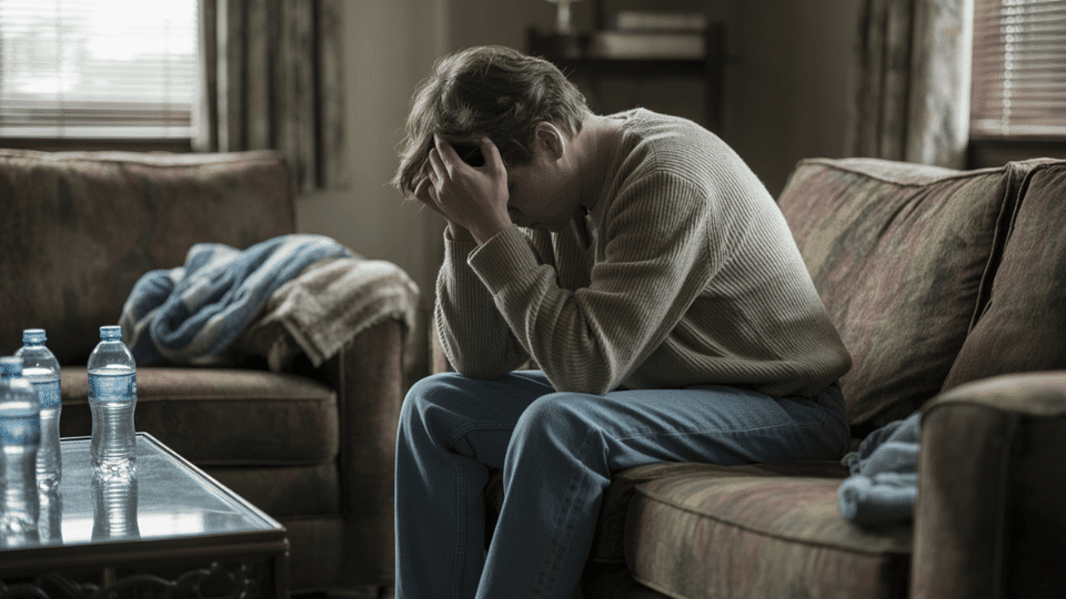 person sitting on a couch feeling tired and distressed