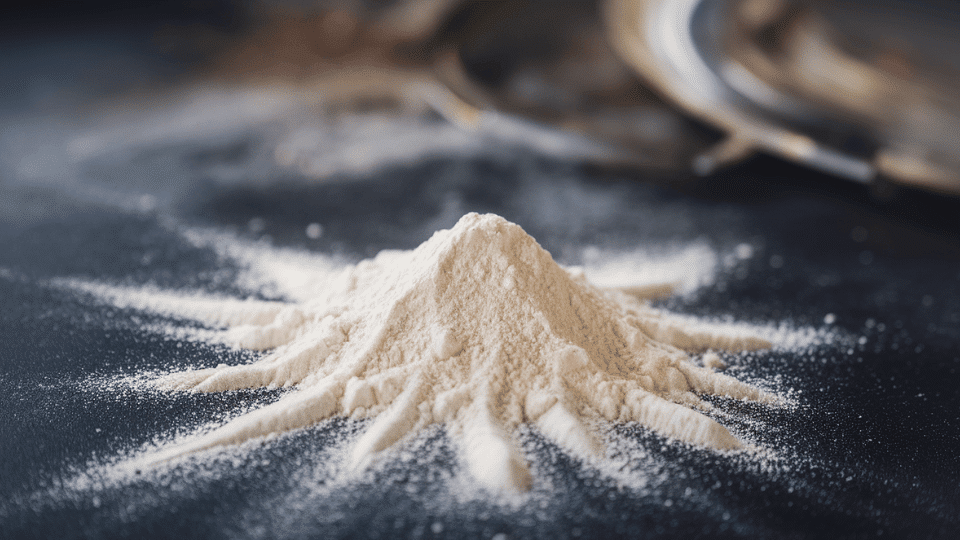 pure white heroin powder spread on a flat surface, with a neutral, clean appearance
