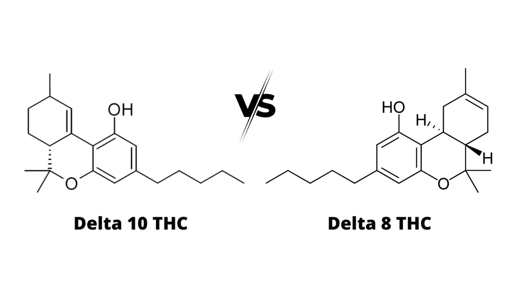 side by side molecular structure comparison of delta 10 thc and delta 8 thc cannabinoids diagram