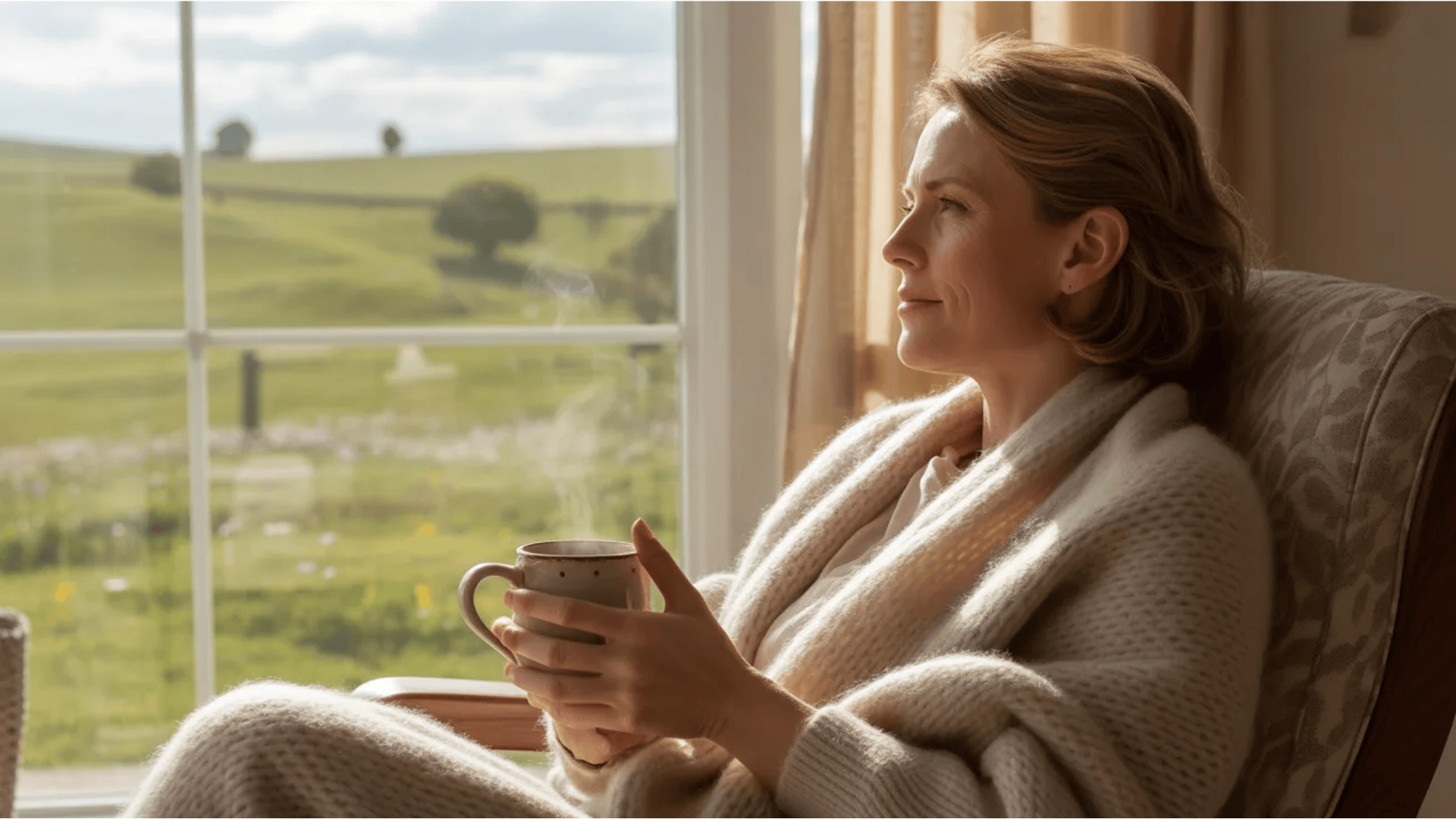 A woman in a cozy sweater holds a steaming mug, gazing out the window at a peaceful, green landscape