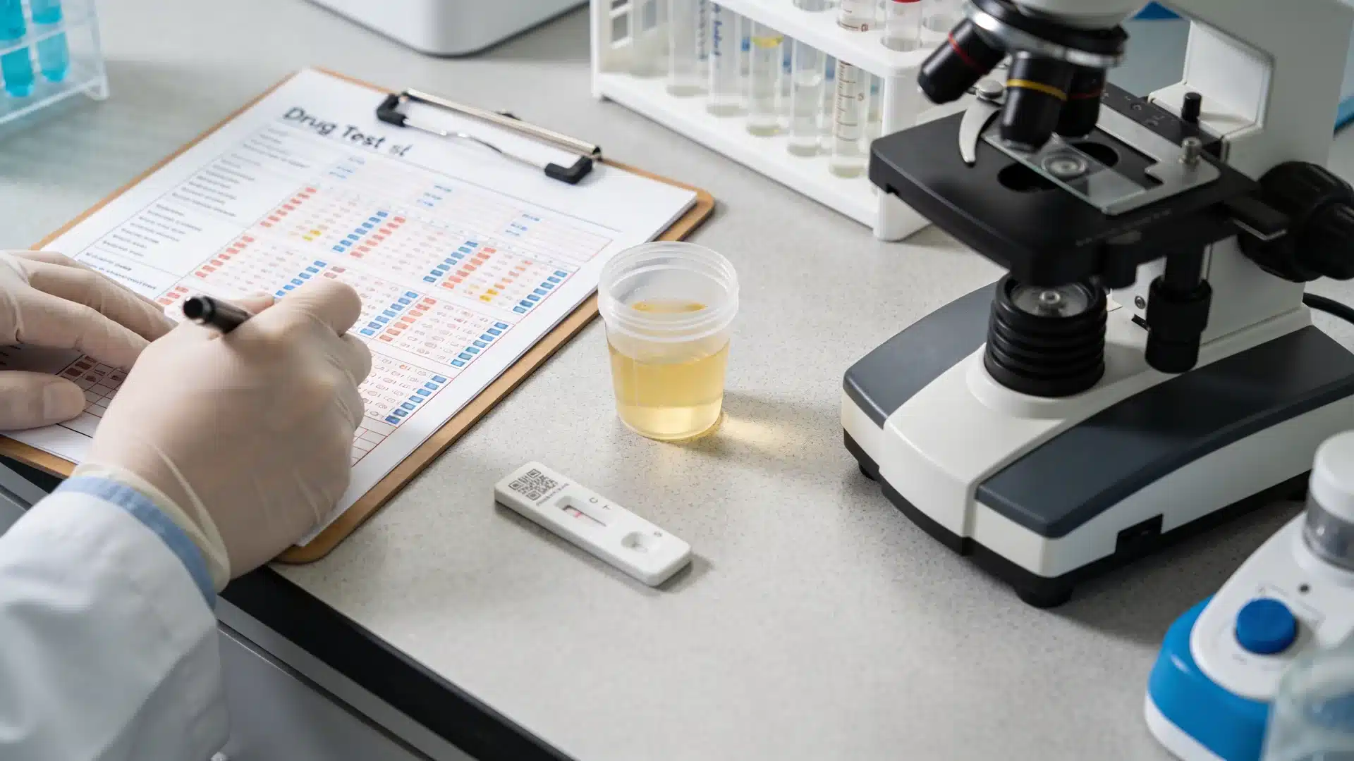 Laboratory drug testing scene, medical technician analyzing a drug test report showing benzodiazepine screening results, urine sample cup on a lab table