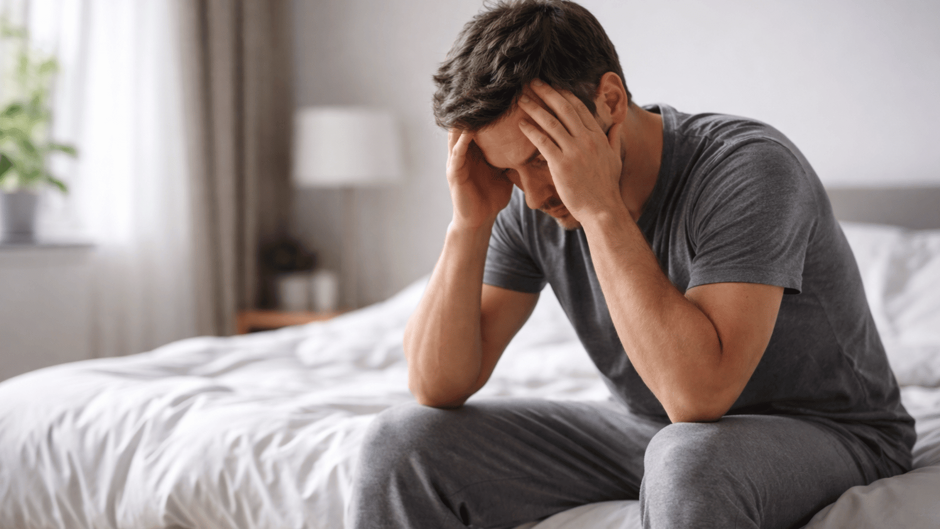 Man sitting on bed holding head, looking stressed and exhausted in soft daylight representing Effexor withdrawal and mental health strain