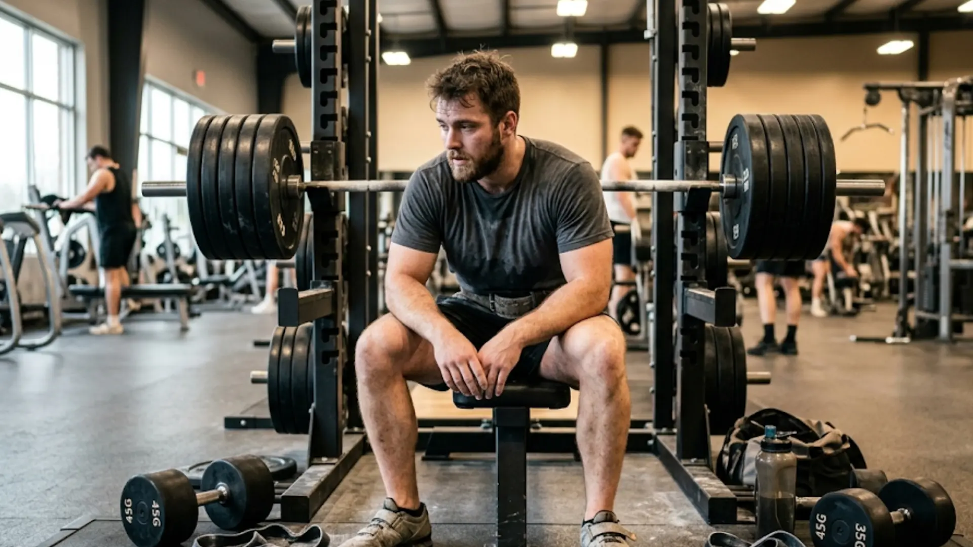 a bearded man sits on a weight bench in a gym looking exhausted after a workout with heavy barbells and dumbbells nearby