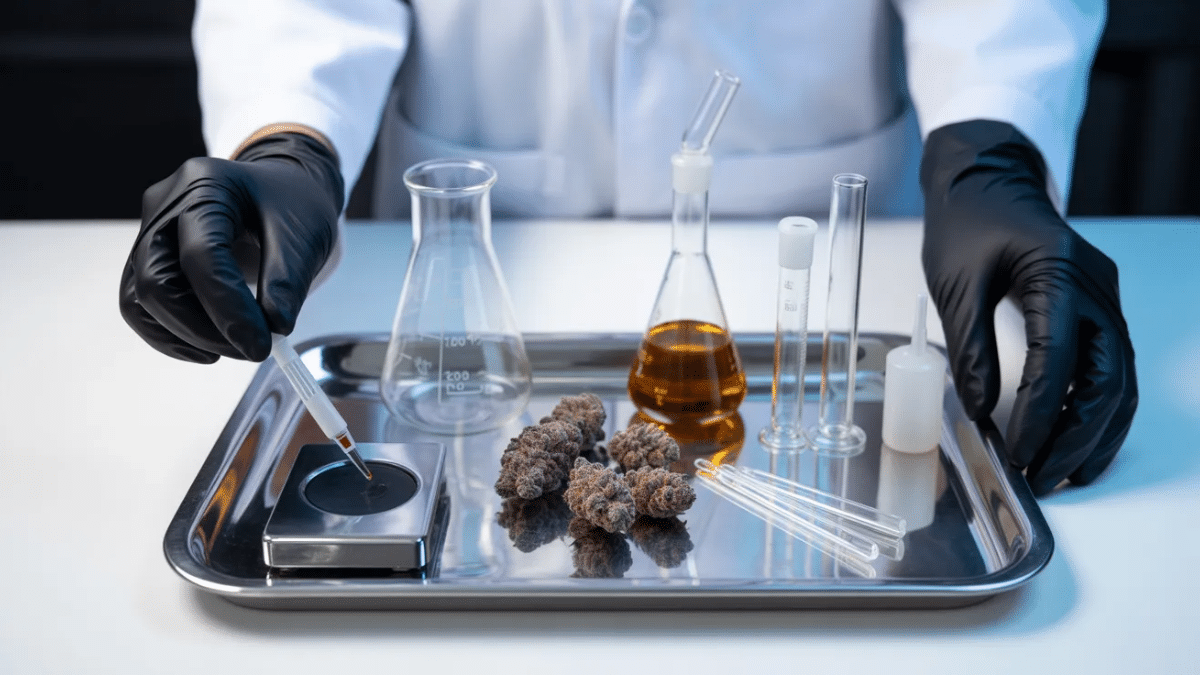 a chemist inspecting pink kush, in a lab onvironment with medical grade equipments