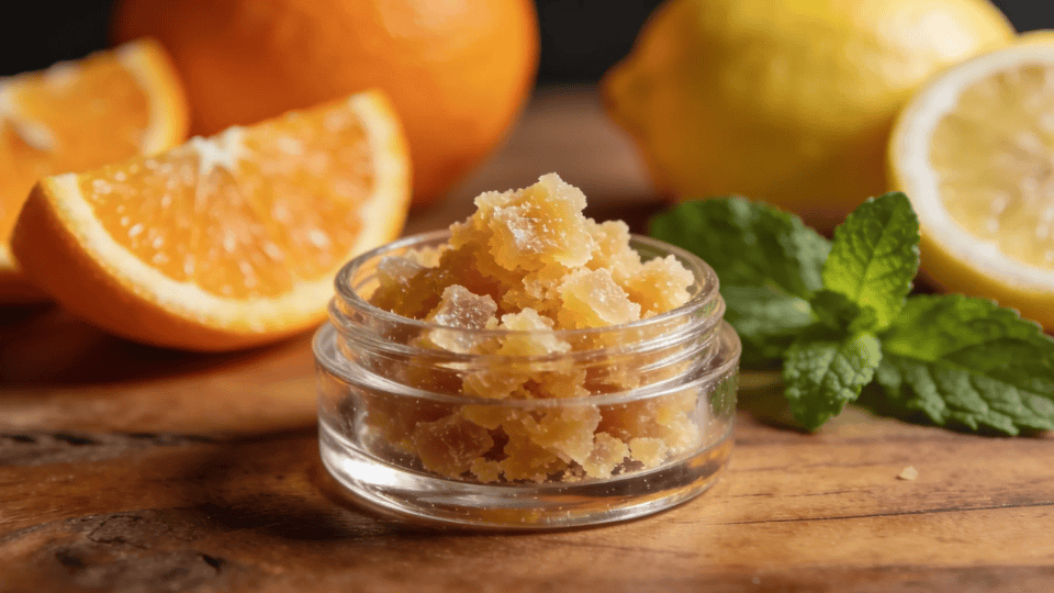 a close-up of crumble wax in a jar with orange and lemon slices, and fresh mint leaves in the background
