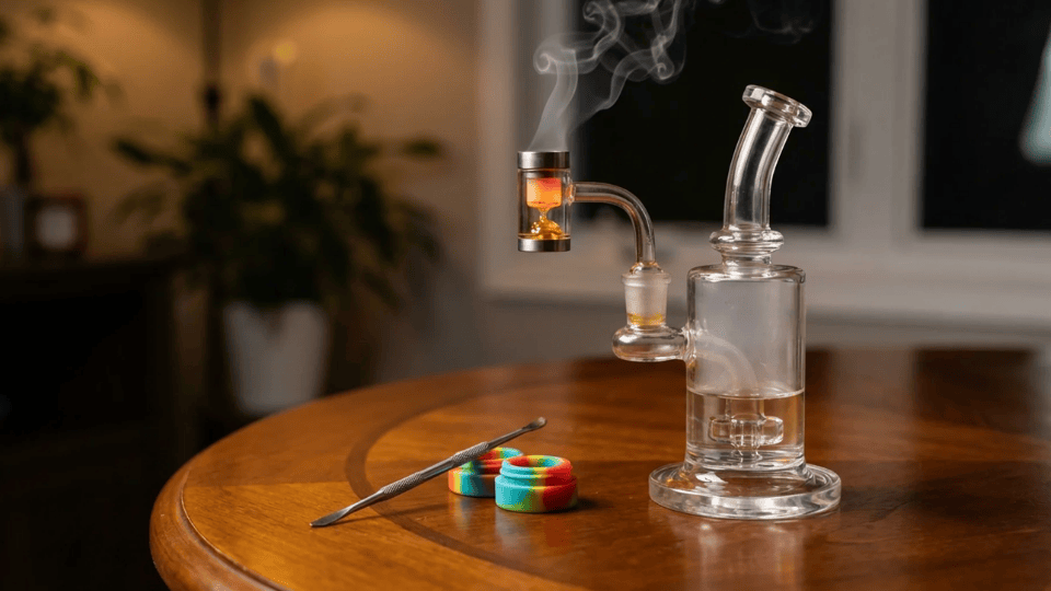 a close-up shot of a dab rig with vapor rising from the heated nail, surrounded by a dab tool and silicone containers