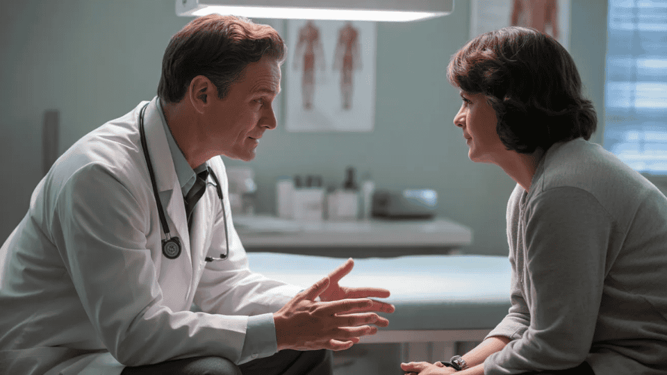 a doctor discussing an outpatient rehab treatment plan with a patient in a clinical consultation room