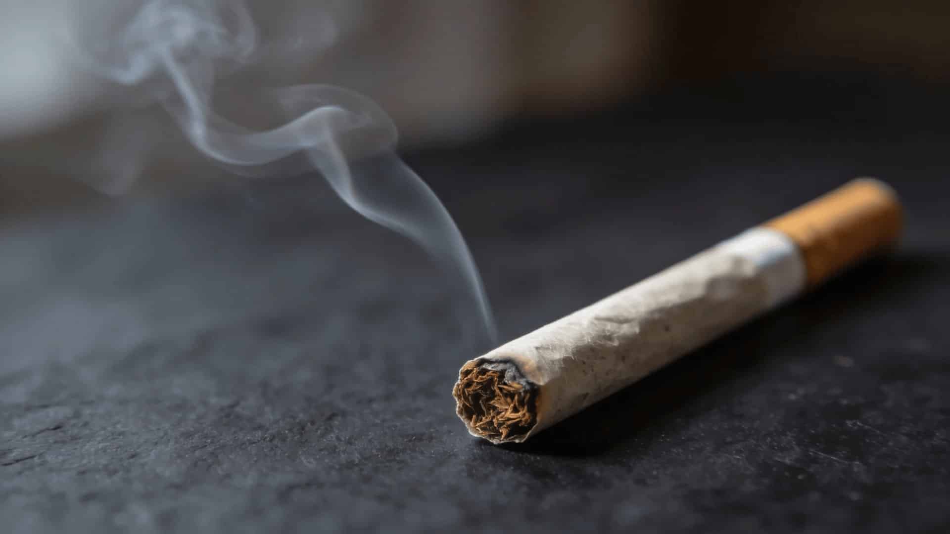 a hand-rolled spliff resting on a dark surface with a thin wisp of smoke rising under soft moody ambient lighting