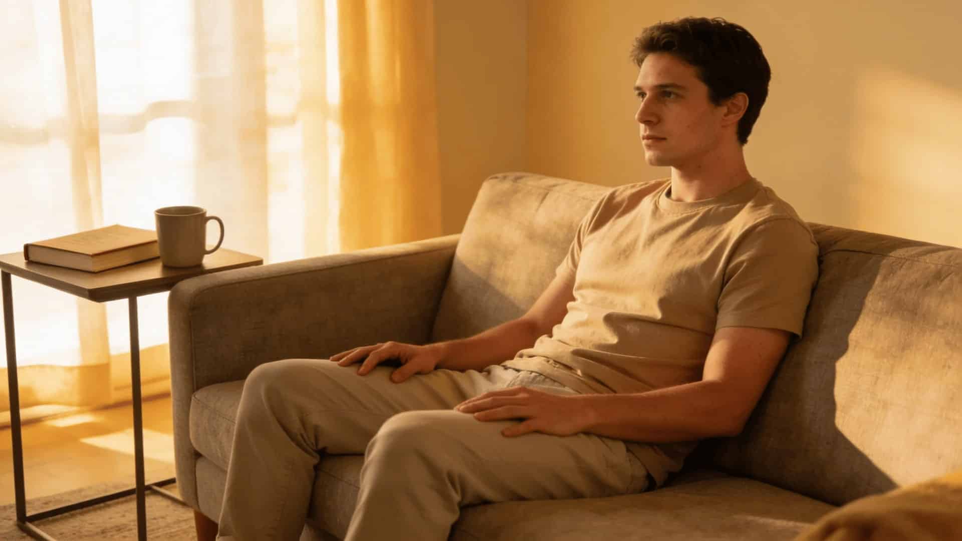 a man sitting on a sofa in a warm, cozy setting with a cup of coffee and a book on the nearby table