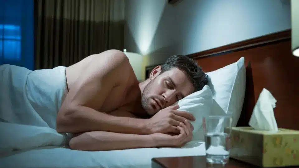 a man sleeps on his side in bed at night with white sheets and a glass of water nearby