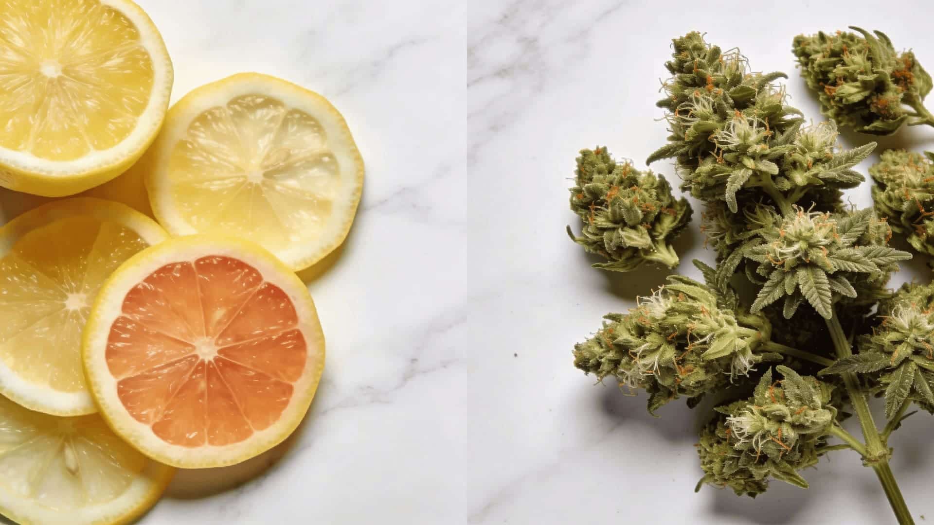 a split view with fresh lemon slices on the left and cannabis buds on the right, set against a marble surface