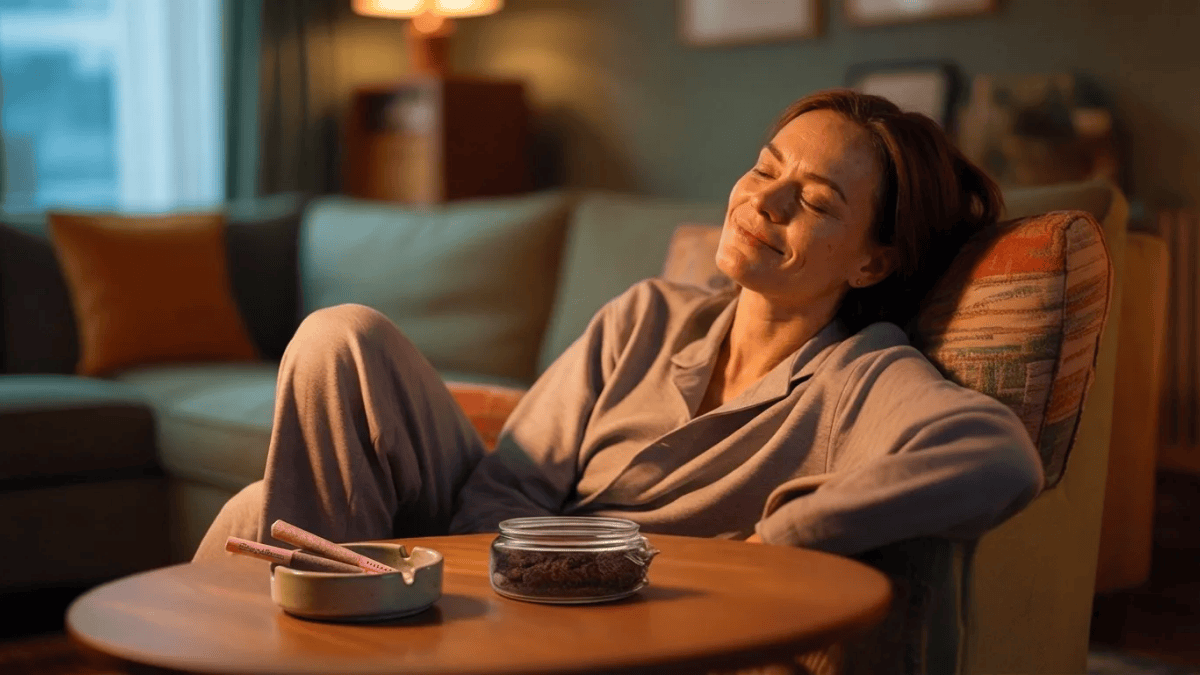 a woman experiencing effects of pink kush as it helps her relax and experience euphoria