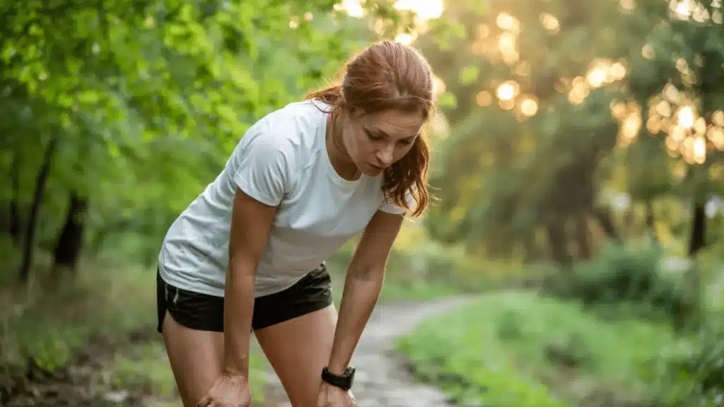 a woman in workout clothes leaning forward with her hands on her knees while catching her breath on a trail in a park