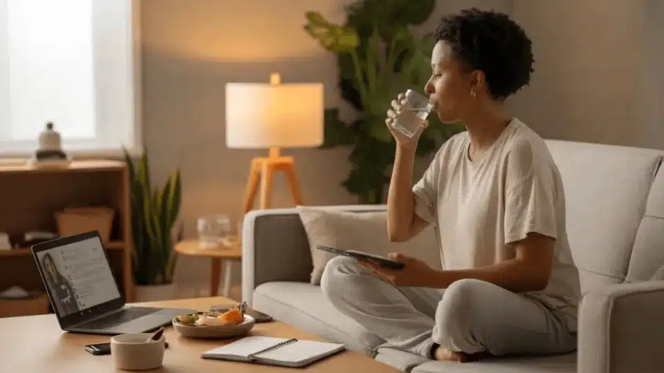 a young woman sits on a gray couch drinking water and practicing suboxone withdwal
