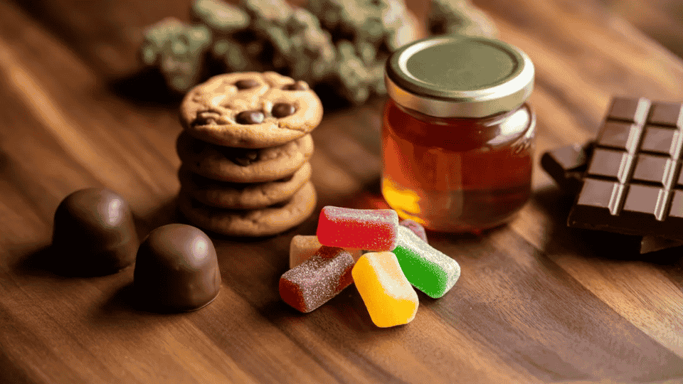 assorted cannabis edibles including gummies chocolates and capsules arranged on table with cannabis buds jar