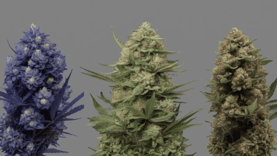 blue nerdz cannabis strain with frosty buds in blue purple hues and candy berry tropical flavor elements