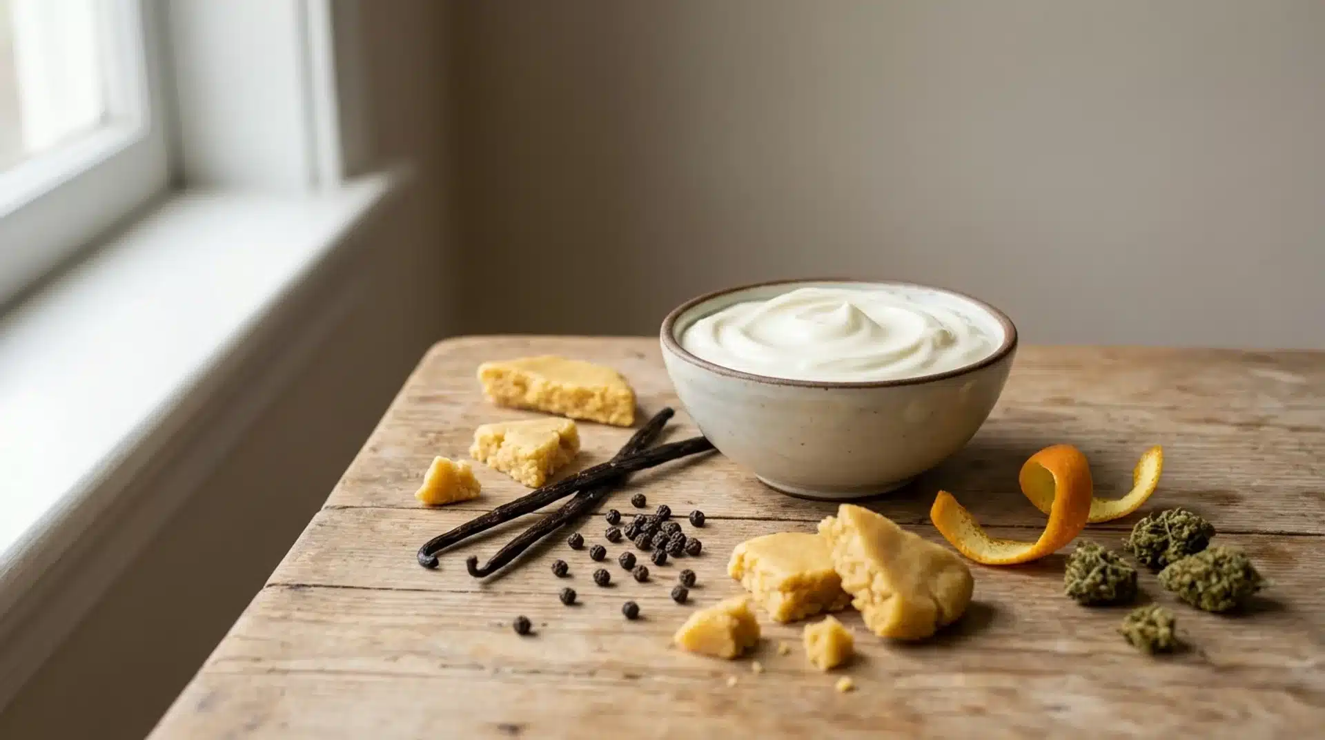 bowl of yogurt on wooden table with vanilla pods, orange peel, crumbs, peppercorns, and small cannabis buds nearby