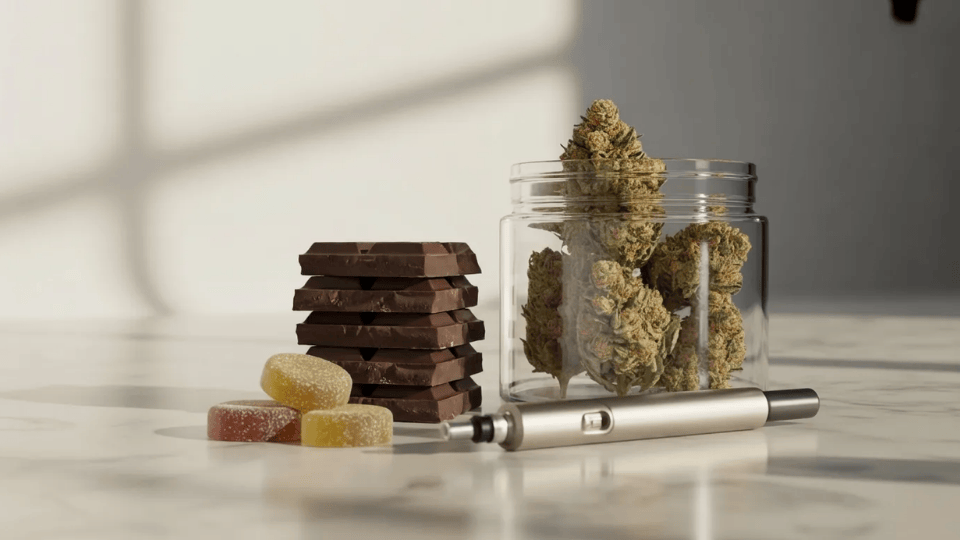 cannabis flower, vape pen, live resin, and edible arranged on a clean surface showing different consumption methods