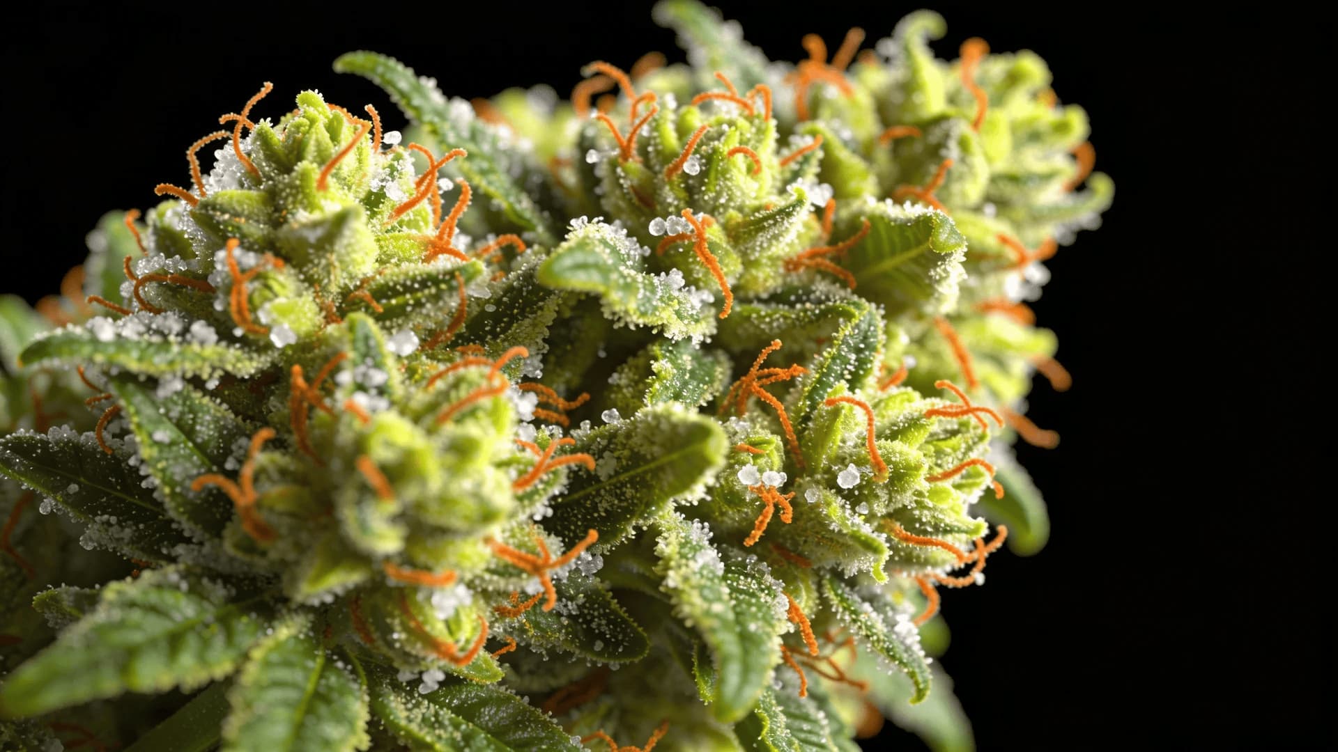 cheetah piss strain buds with orange pistils and white trichomes on a black background