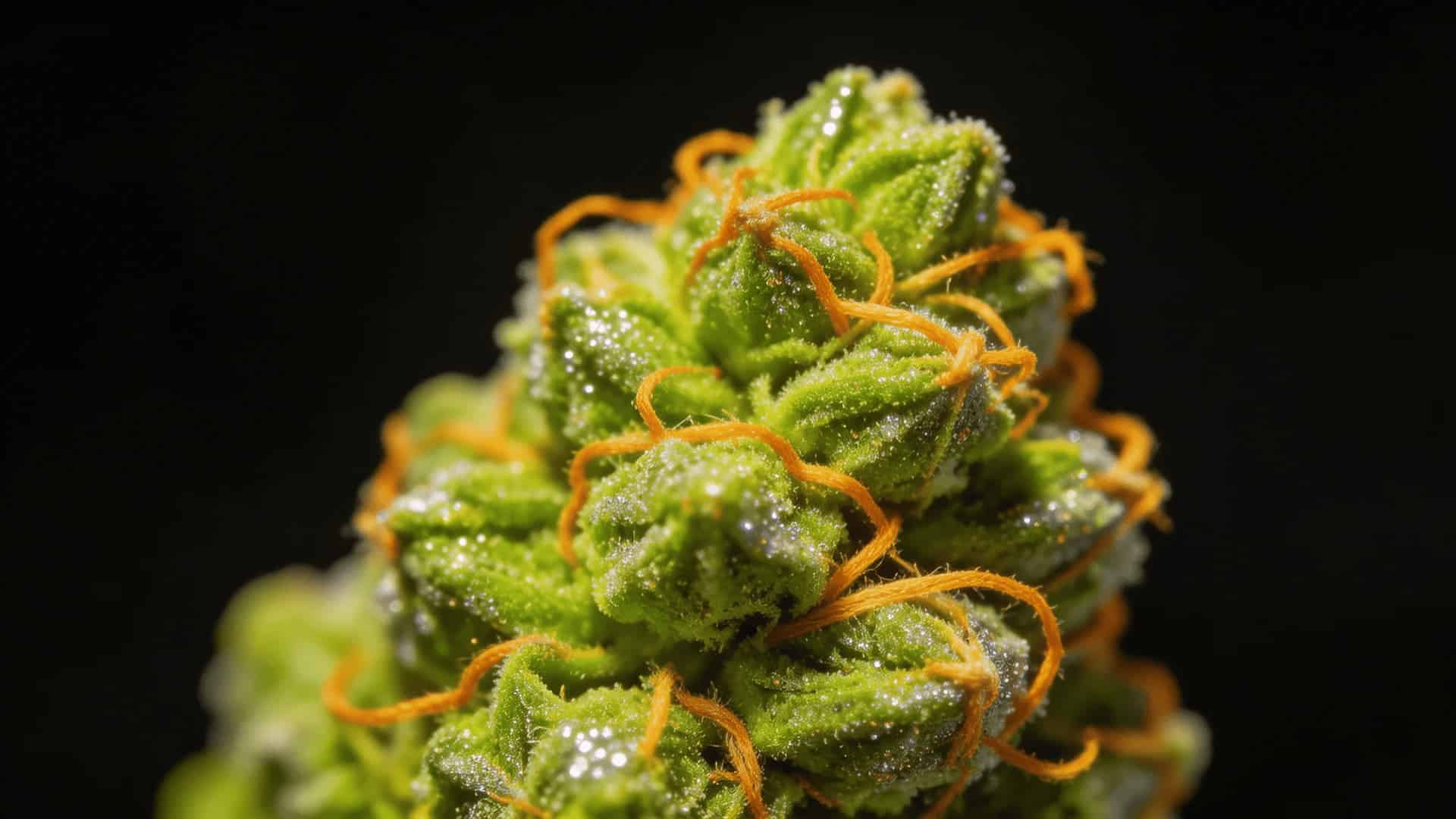 close-up image of a cannabis bud with vibrant green leaves and orange pistils against a dark background
