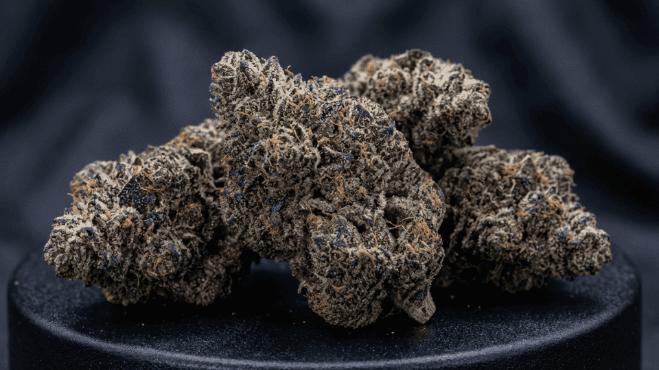close-up of Blue Nerds cannabis buds with purple hues, orange hairs, and frosty trichomes on a dark background