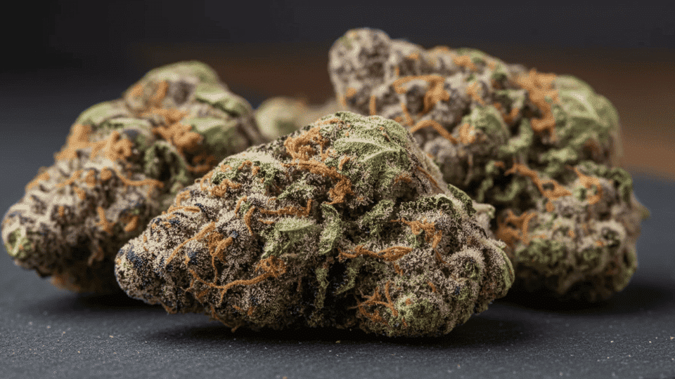 close-up of Runtz cannabis buds with green and purple tones, orange hairs, and frosty trichomes on a dark surface