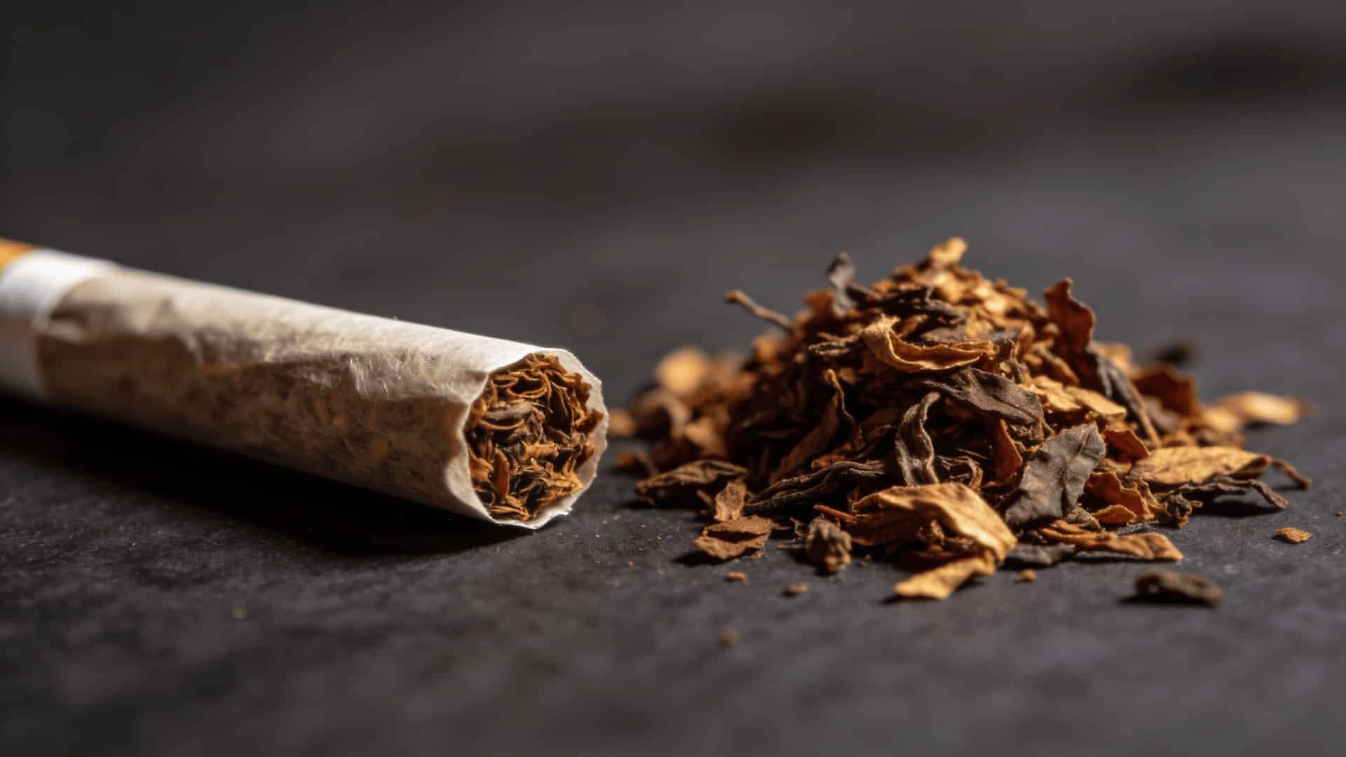 close-up of a hand-rolled cigarette resting next to loose tobacco on a dark surface with moody side lighting