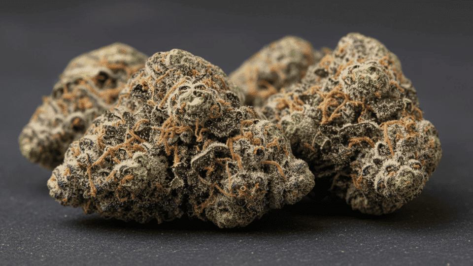 close-up of cannabis buds on a dark surface, showing dense texture, purple hues, and orange hairs