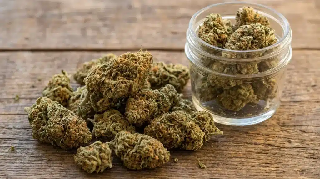 close-up of cannabis buds scattered on wooden surface with a glass jar filled with more buds in the background