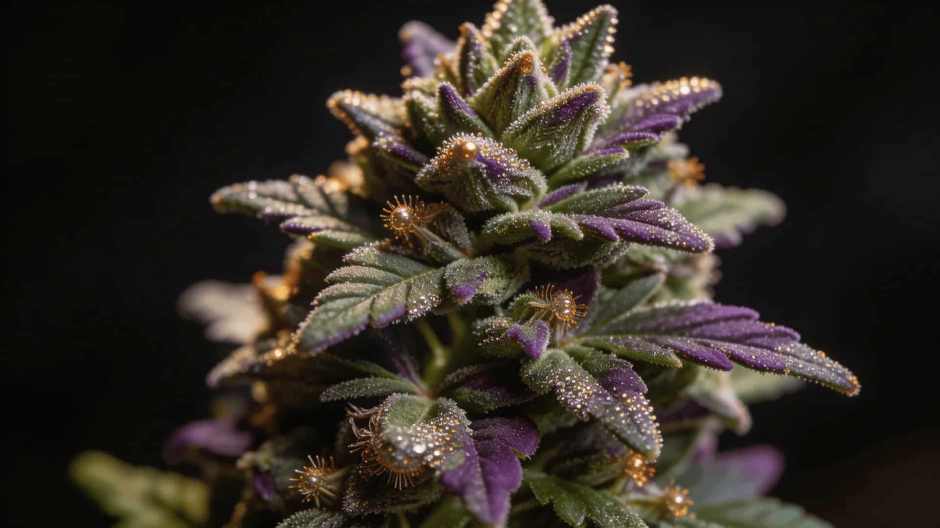 close-up of permanent marker strain bud with amber trichomes and purple leaves under studio lighting