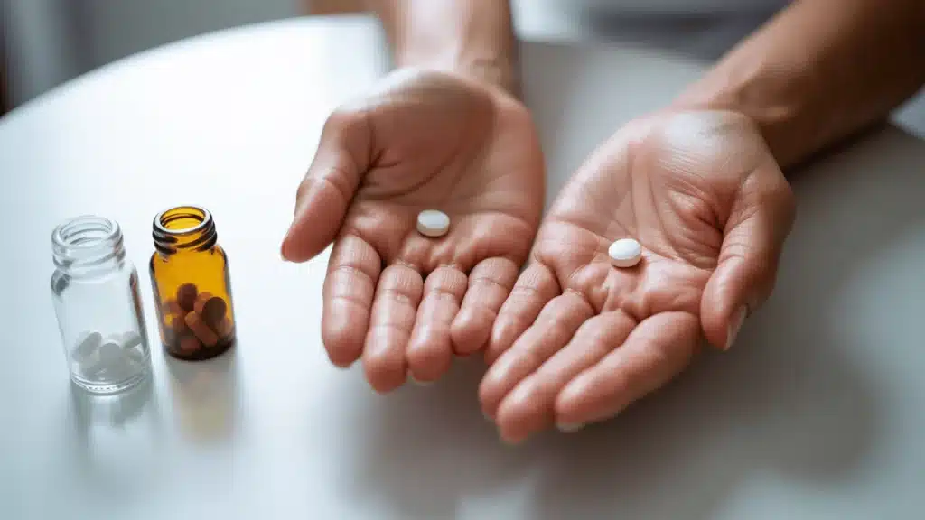 close up photograph of hands holding pills on a white surface. Two glass medicine bottles with white and brown pills inside