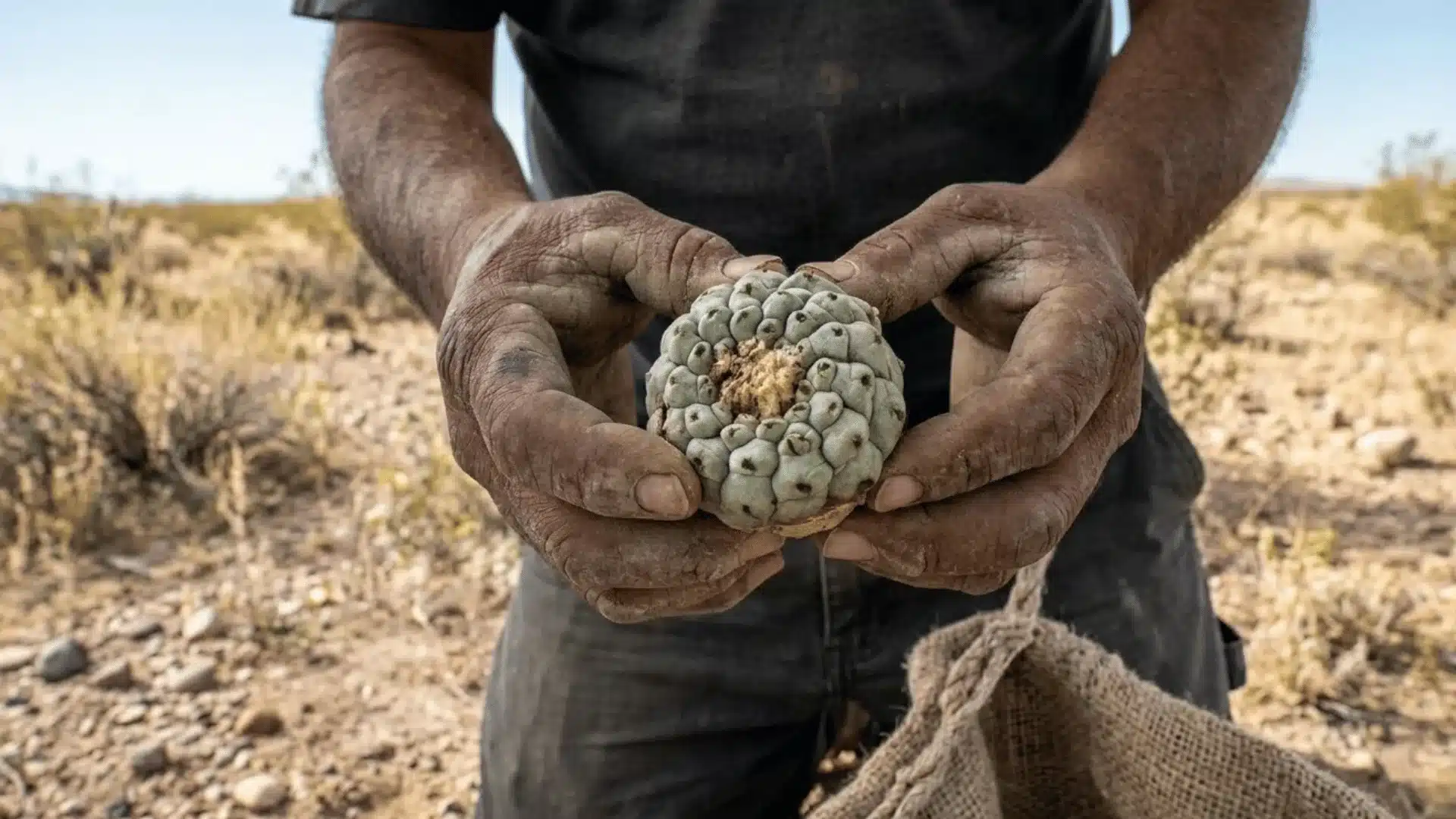 close-up photograph of weathered hands holding a pale blue-green succulent plant